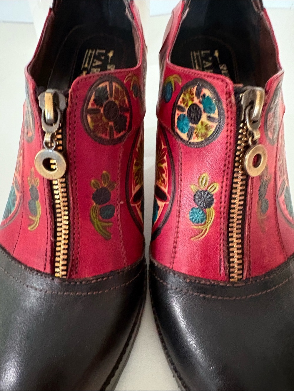 Women's Red Leather Floral Embellished Ankle Booties - Picture 2 of 13
